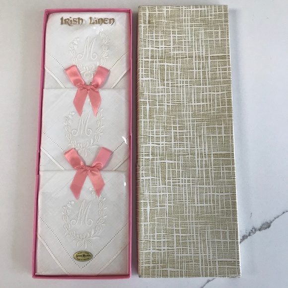 Vintage Irish Linen 3 White Embroidered “M” Handkerchiefs  NIB - Picture 1 of 3